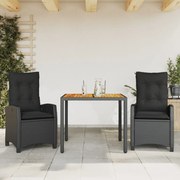 Set da pranzo da giardino 3 pz con cuscini nero in polyrattan