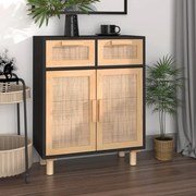 Credenza nera 60x30x75 cm legno massello pino e rattan naturale