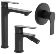 Set miscelatori lavabo alto bidet e doccia Flat nero opaco con piletta