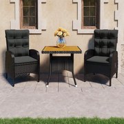 Set mobili da pranzo per giardino 3 pz polyrattan e acacia nero