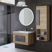 Mobile Bagno Sospeso "Urban" Da 80 Cm Composto Da Due Cassetti Un'Anta Lavabo E Specchio Finitura Riviera