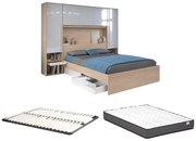 Letto con LED e vani portaoggetti 140 x 190 cm Naturale e Bianco lucido + Rete + Materasso - VELONA