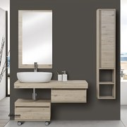 Mobile Bagno Sospeso "Shelf" Da 120 Cm Con Mensolone Lavabo E Specchio Su Pannello Finitura Rovere Di Bordeaux