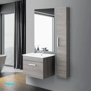 Mobile Bagno Sospeso "Show" Da 60 Cm Composto Da Un'Anta Lavabo E Specchio Finitura Rovere Scuro