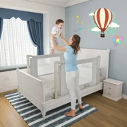 Costway Sponda letto bambini 145cm con spugna antiurto tasca laterale,  Protezione letto per bambini in metallo Grigio