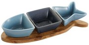 Set da Aperitivo Home ESPRIT Azzurro Blu Marino Porcellana Acacia Pesce Mediterraneo 28 x 9,7 x 1,3 cm 4 Pezzi