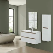 Mobile Bagno Sospeso 80 Cm Due Cassetti Specchio Feridras "Revital" Bianco Frassinato/Rovere
