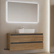 Mobile Bagno Sospeso "Cube" Da 101 cm C/Base Due Cassetti Lavabo D'appoggio E Specchio Retroilluminato