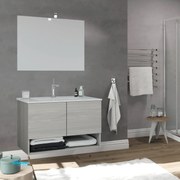 Mobile Bagno Sospeso "Oslo" Da 80 Cm Con Due Ante Ed Un Vano a Giorno Lavabo Specchio E Lampada Led In Finitura Rovere Grigio