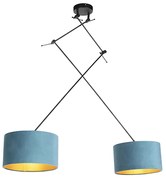 Lampada a sospensione nera con paralumi in velluto blu e oro 35 cm 2 luci - Blitz
