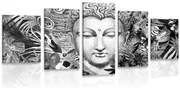 Quadri 5 pezzi – Buddha su sfondo esotico in bianco e nero
