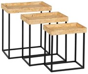 Set di 3 tavoli Nero Naturale Ferro Legno MDF 57,5 x 37,5 x 67,5 cm (3 Unità)