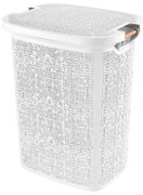 Cesto portabiancheria in plastica bianca con manici in legno capienza 60 lt