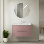 Mobile bagno sospeso 80 cm rosa cannettato con lavabo e specchio tondo Zena