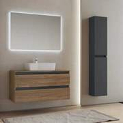 Mobile bagno sospeso 100 cm Noce con lavabo da appoggio e specchio - CUBE1