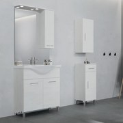 Mobile Bagno a Terra 75 Cm Due Ante Specchio Con Pensile e Fari Led 70x100 Cm Savini Due "Rubino" Rovere Bianco