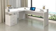Scrivania New Selina ad angolo con sopralzo moderna e funzionale, Bianco Lucido