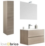 Mobile da bagno sospeso 80 cm con lavabo, colonna, specchio e led rovere fumo