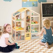 Costway Casa delle famiglie moderne con mobili e figure con garage e porta apribile, Casa delle bambole in legno per bambini Naturale