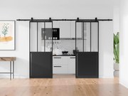 Porta scorrevole doppia atelier con sistema esterno muro 2xH205xL73 cm Nero e Vetro temperato  - ARTISTO II