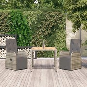 Set da pranzo da giardino 3 pz con cuscini in polyrattan grigio