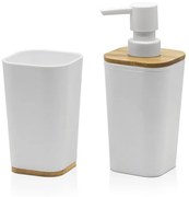 Set bagno dispenser e portaspazzolino bianco opaco con dettagli in bambù