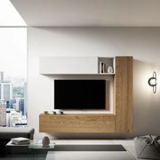 Parete soggiorno Isoka A14 L.214 H.174 P.39,5 Bianco e Quercia