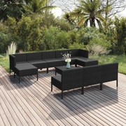 Set divani da giardino 11 pz con cuscini in polyrattan nero