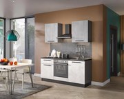 Cucina montata Dora bianco e grigio chiaro, lavello reversibile , L.180 cm, completa di: cappa a camino, piano cottura a induzione e forno