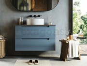 Mobile bagno sky blue 80x45 Mango due cassetti soft close con top noce e lavabo tondo da appoggio in ceramica lucida