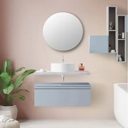 Mobile Bagno Sospeso 80 Cm Con Cassettone Blu Pastello Mensola Beton Lavabo E Specchio Aurora