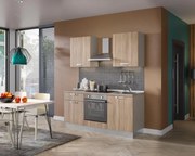 Cucina montata Dora rovere chiaro, lavello reversibile, L 180 cm, completa di: cappa a camino, piano cottura a induzione, forno,