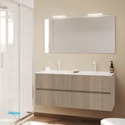 Mobile Bagno Sospeso "Easy" Da 120 Cm Composto Da Un Cassetto Lavabo C/Doppia Vasca E Specchio Con Due Lampade Led Finitura Rovere Fumo