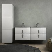 Mobile bagno doppio lavabo 140 cm bianco lucido sospeso con colonna da 170 cm