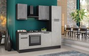 Cucina montata Dora bianco e grigio chiaro, lavello a sinistra, L 225 cm, completa di: cappa a camino, piano cottura a gas, forno e frigorifero