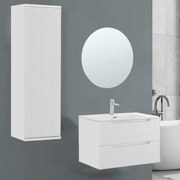 Mobile Bagno Sospeso Cannettato 80 Cm Due Cassetti Specchio Tondo a Filo Diametro 80 Cm Feridras "Kannè" Bianco Opaco