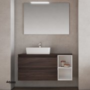 Mobile Bagno Sospeso "Cube" Da 111 cm C/Due Cassetti Ed Un Modulo A Giorno Completo Di Lavabo D'appoggio E Specchio C/Led