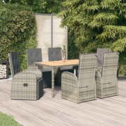 Set da pranzo da giardino 7 pz con cuscini in polyrattan grigio