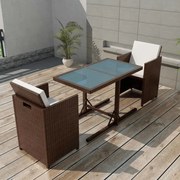 Set da bistrot 3 pz con cuscini in polyrattan marrone