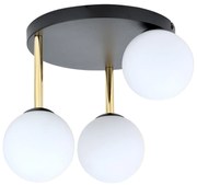 Plafoniera Contemporanea 3 Luci Teseo In Acciaio Nero Oro E Sfere Vetro Bianco