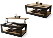 LUSSO Rovere Artisan/Nero Opaco - MODERNO TAVOLINO CON PIANO SOLLEVABILE + PORTAOGGETTI + MENSOLA (CON ROTELLE!)