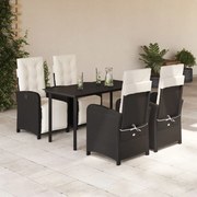 Set da pranzo da giardino 5 pz nero con cuscini in polyrattan
