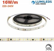Strisce LED 220V 16W/m, 120lm/W, chip PHILIPS Lumileds, Dimmerabile, tagl. 10cm – 5m Colore Bianco Freddo 6.000K