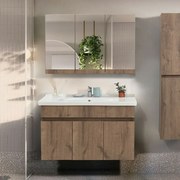 Mobile bagno sospeso 100 cm rovere scuro con specchio contenitore Mona