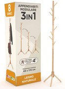 Appendiabiti in legno naturale, 8 ganci, modulare, 174 cm, Naturale