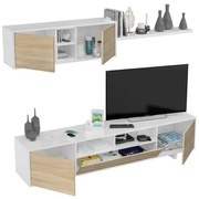 Parete Attrezzata Soggiorno Con Mobile TV E Pensili Design Moderno Rovere E Bianco