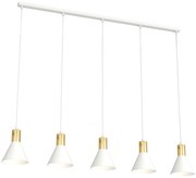 Lampadario 5 Luci Heimdall In Acciaio Bianco E Paralumi Conici Bianco E Oro