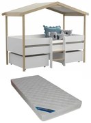 Letto a capanna con cassetti + Materasso 90 x 190 cm Tiglio Bianco e Rovere - SAROSI