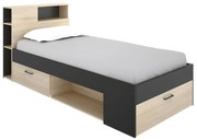 Letto singolo con testiera portaoggetti e cassetto 90 x 190 cm - Antracite e naturale - LEANDRE