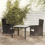 Set mobili da giardino 3 pz con cuscini in polyrattan nero